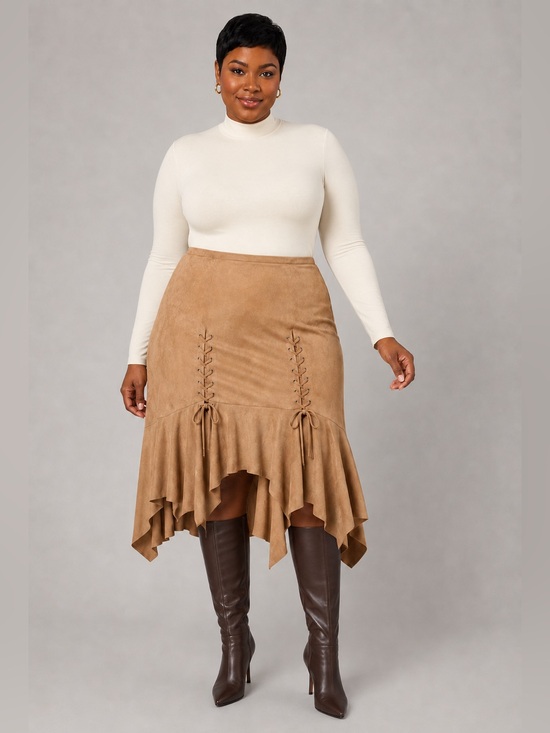 Ashley Stewart Dresses & Skirts - ASHLEY STEWART TAN FAUX SUEDE LACE-UP HANDKERCHIEF SKIRT SIZE 16